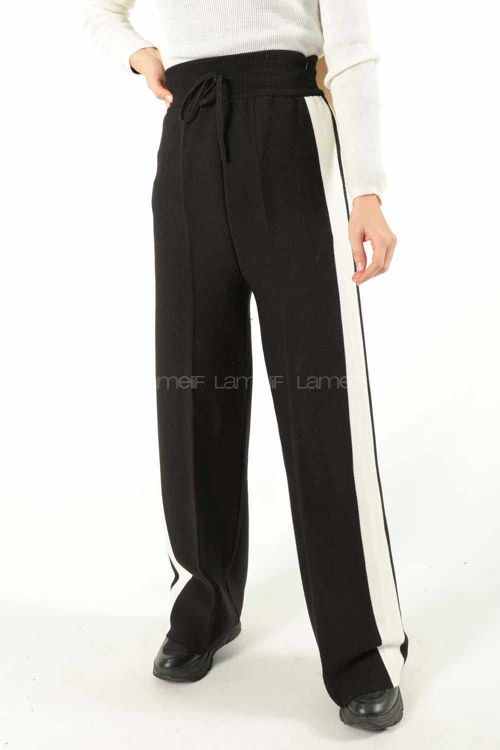 Modalamelif Şeritli Bol Paça Triko Pantolon Siyah