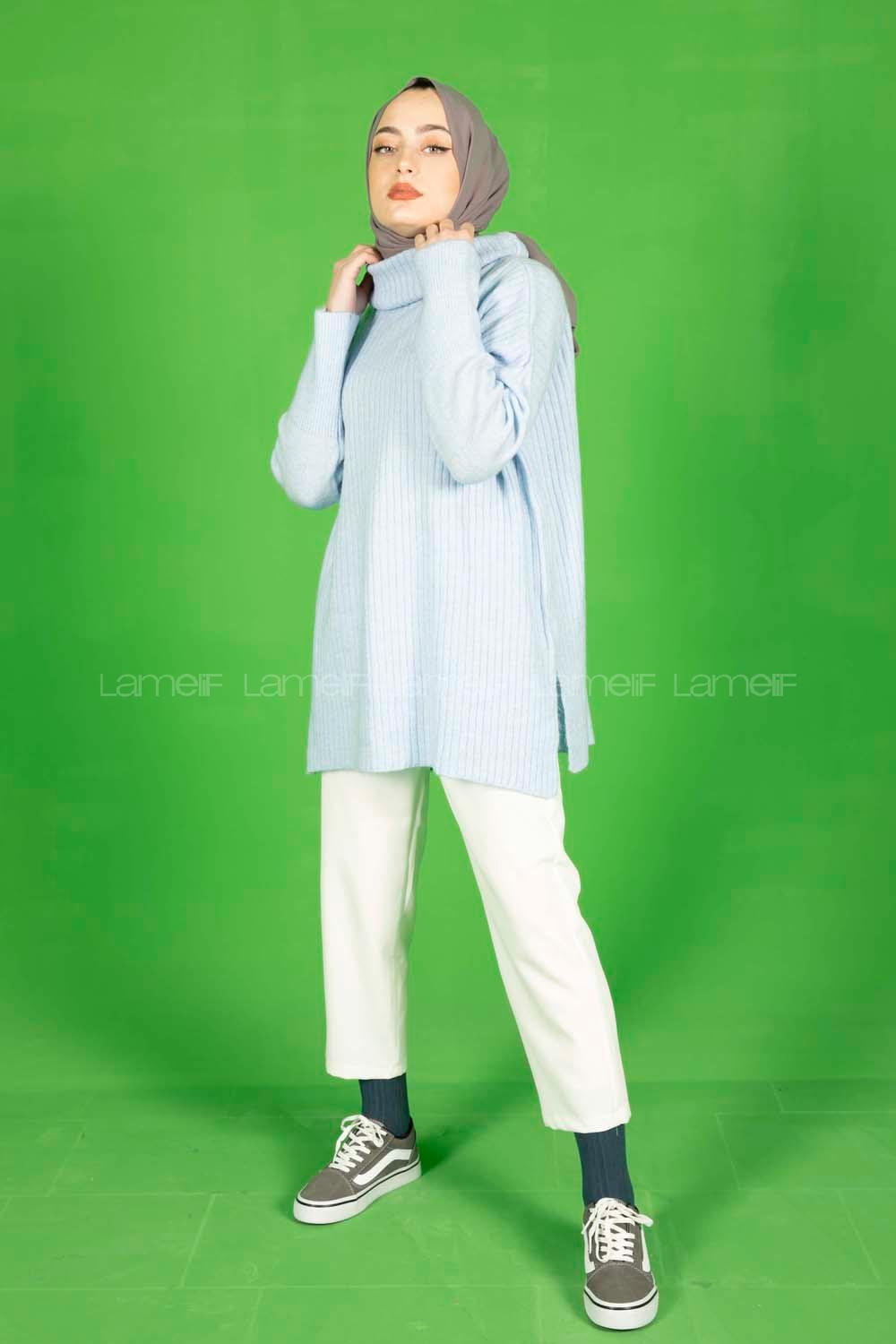 Modalamelif Fitilli  Boğazlı Triko Kazak Bebe Mavisi