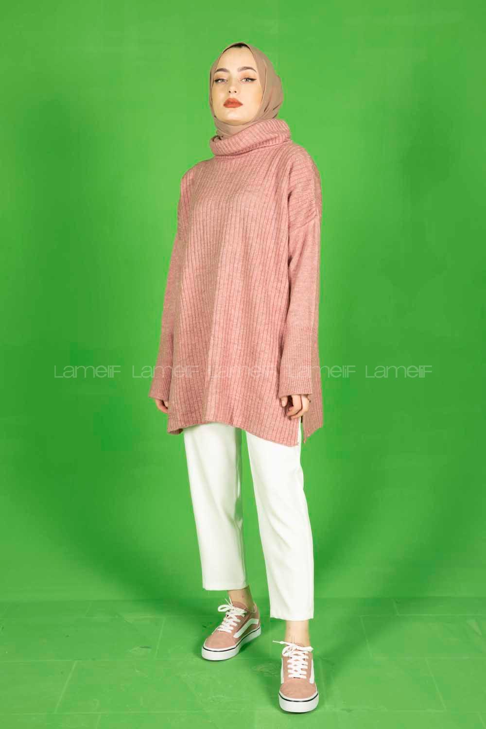 Modalamelif Fitilli  Boğazlı Triko Kazak Gül