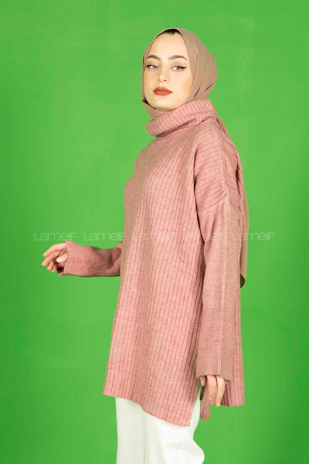 Modalamelif Fitilli  Boğazlı Triko Kazak Gül