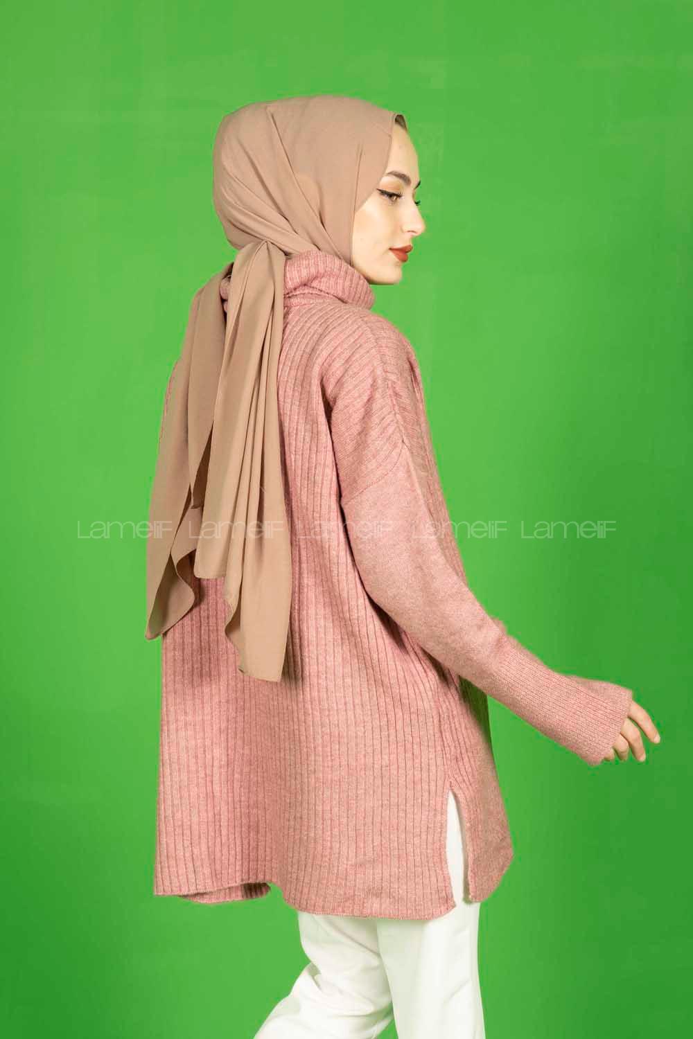 Modalamelif Fitilli  Boğazlı Triko Kazak Gül