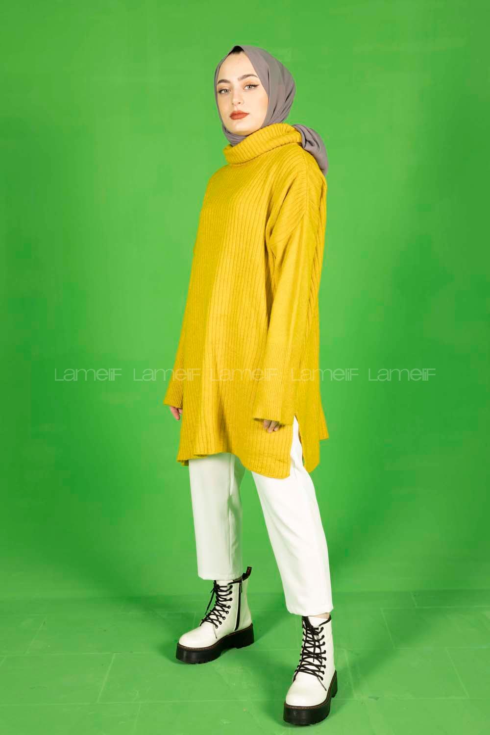 Modalamelif Fitilli  Boğazlı Triko Kazak Hardal Sarısı