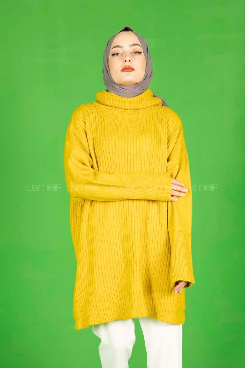 Modalamelif Fitilli  Boğazlı Triko Kazak Hardal Sarısı