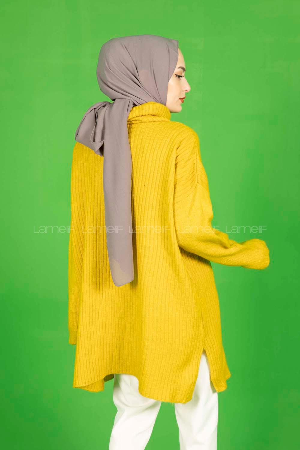 Modalamelif Fitilli  Boğazlı Triko Kazak Hardal Sarısı