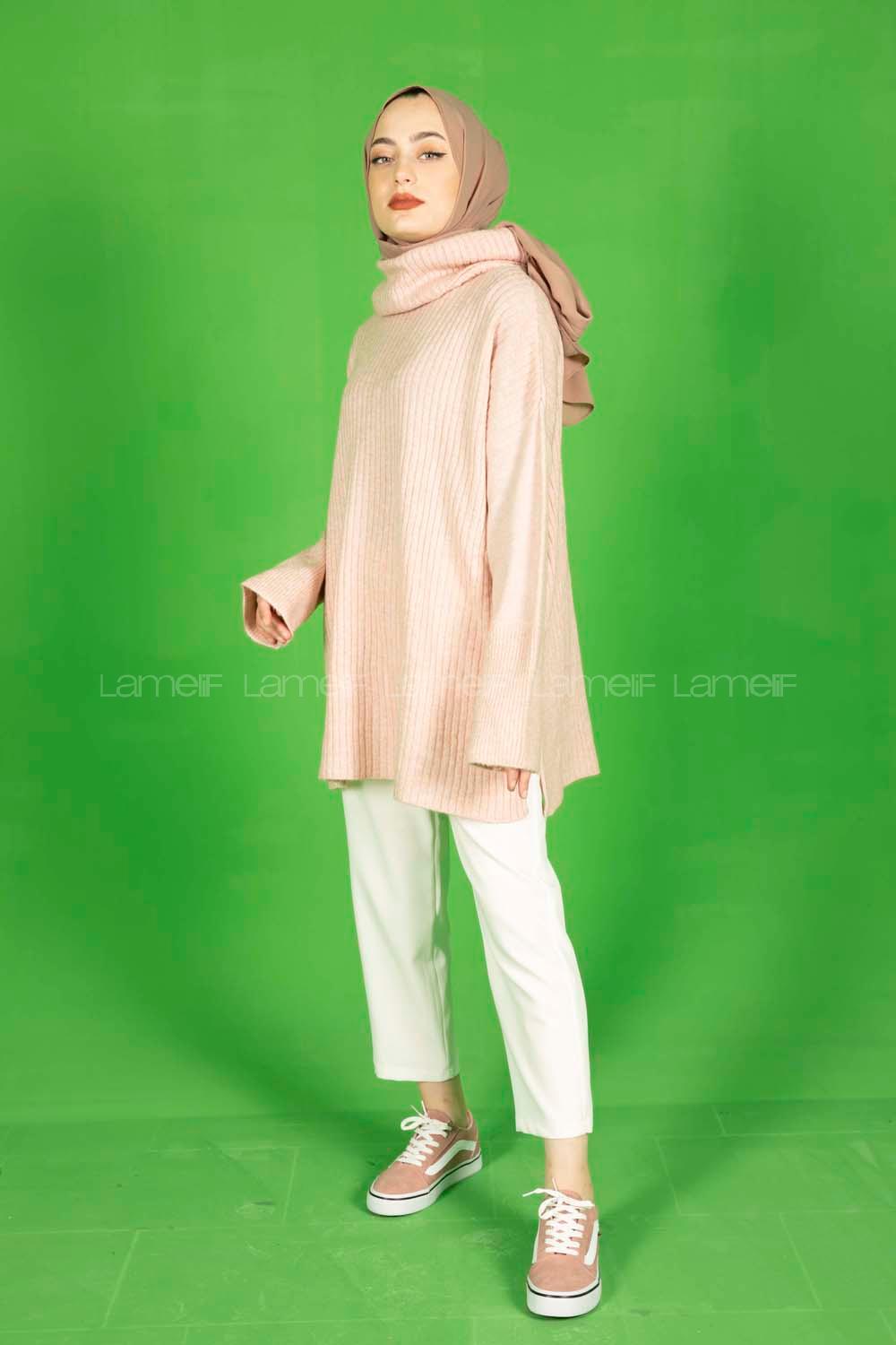 Modalamelif Fitilli  Boğazlı Triko Kazak Pudra