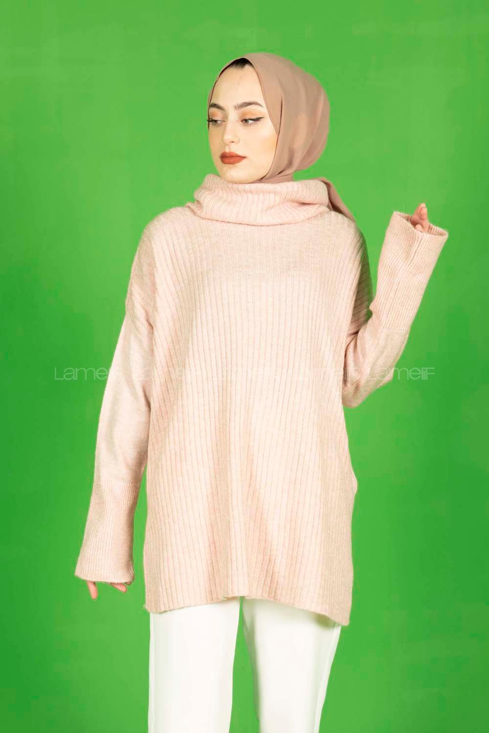 Modalamelif Fitilli  Boğazlı Triko Kazak Pudra