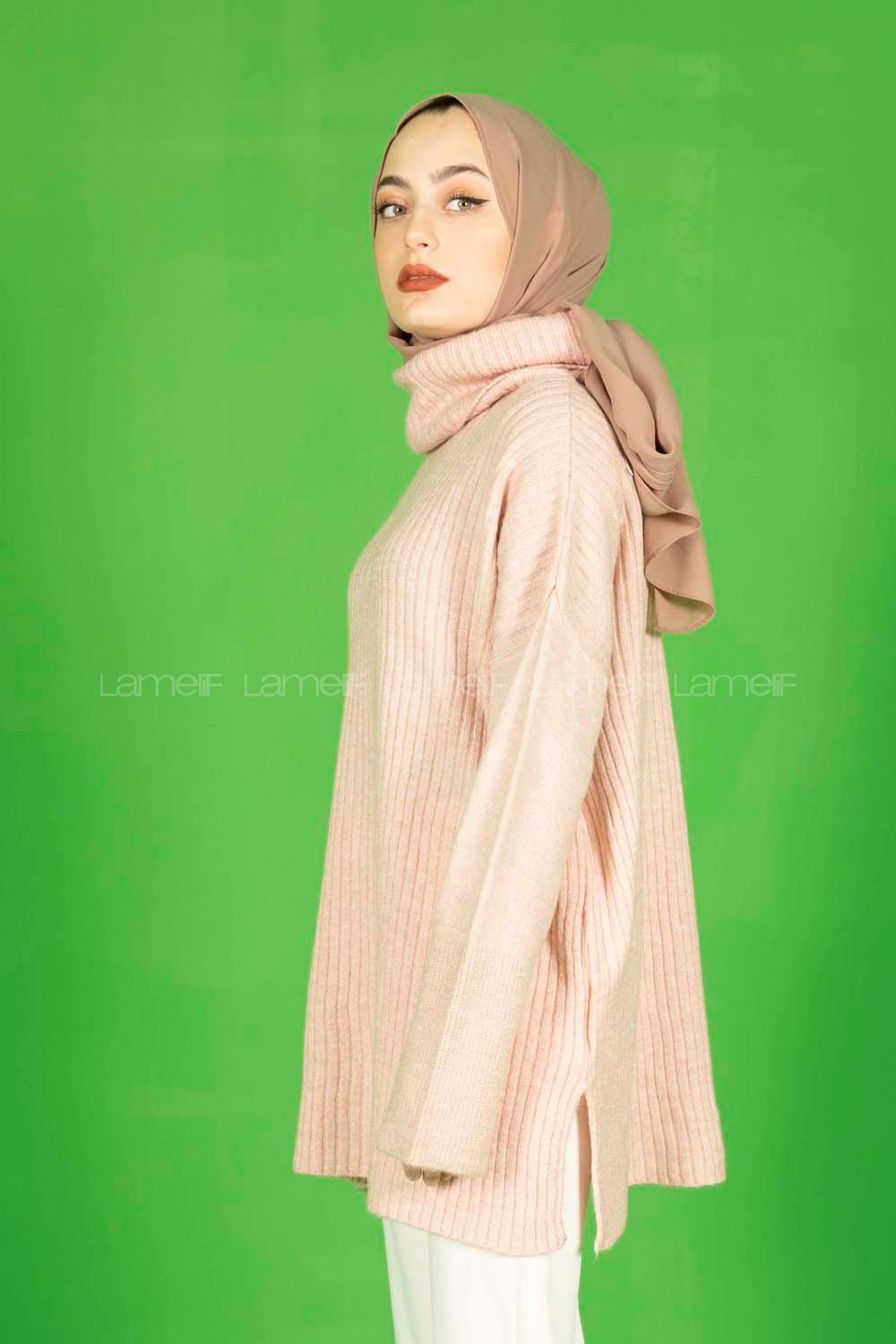 Modalamelif Fitilli  Boğazlı Triko Kazak Pudra