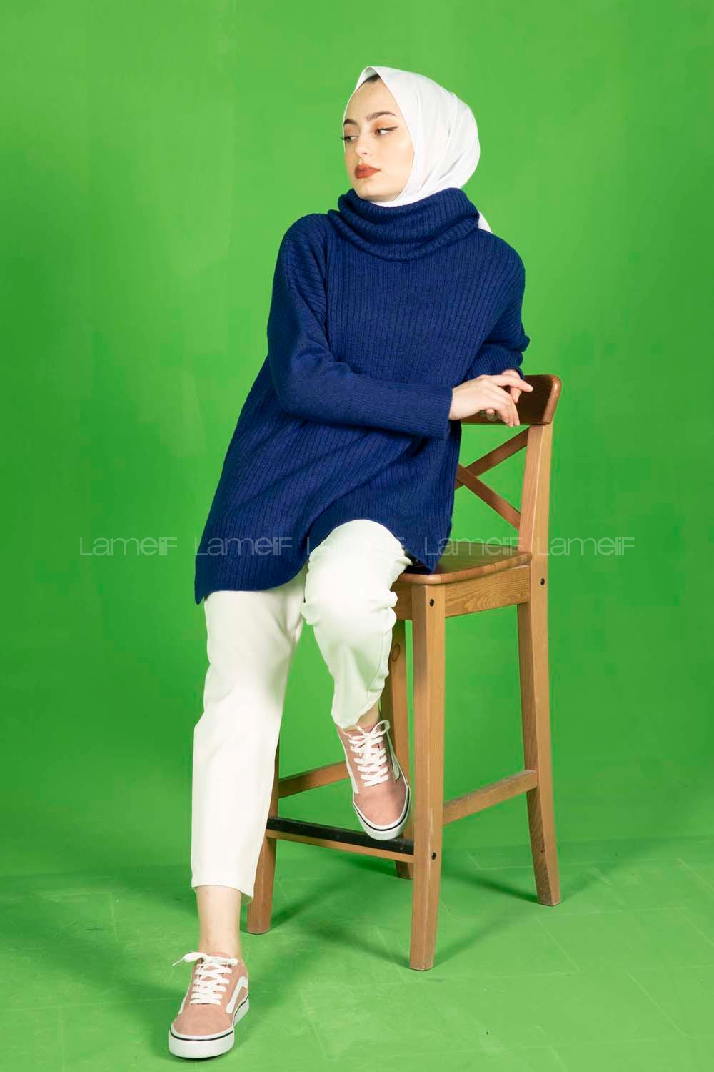 Modalamelif Fitilli  Boğazlı Triko Kazak Saks Mavisi