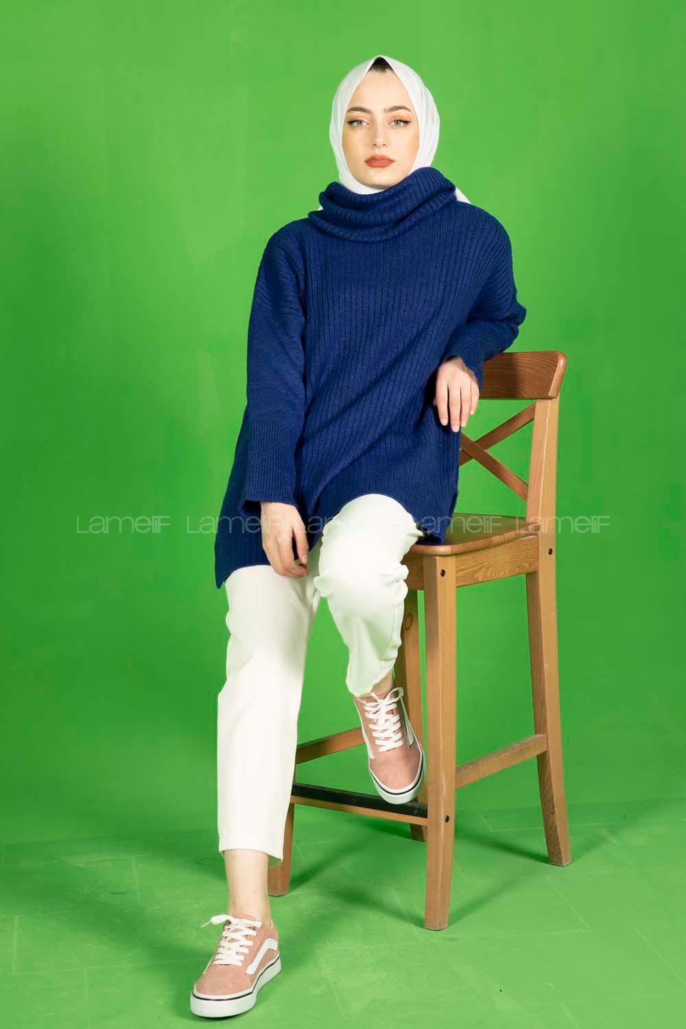 Modalamelif Fitilli  Boğazlı Triko Kazak Saks Mavisi