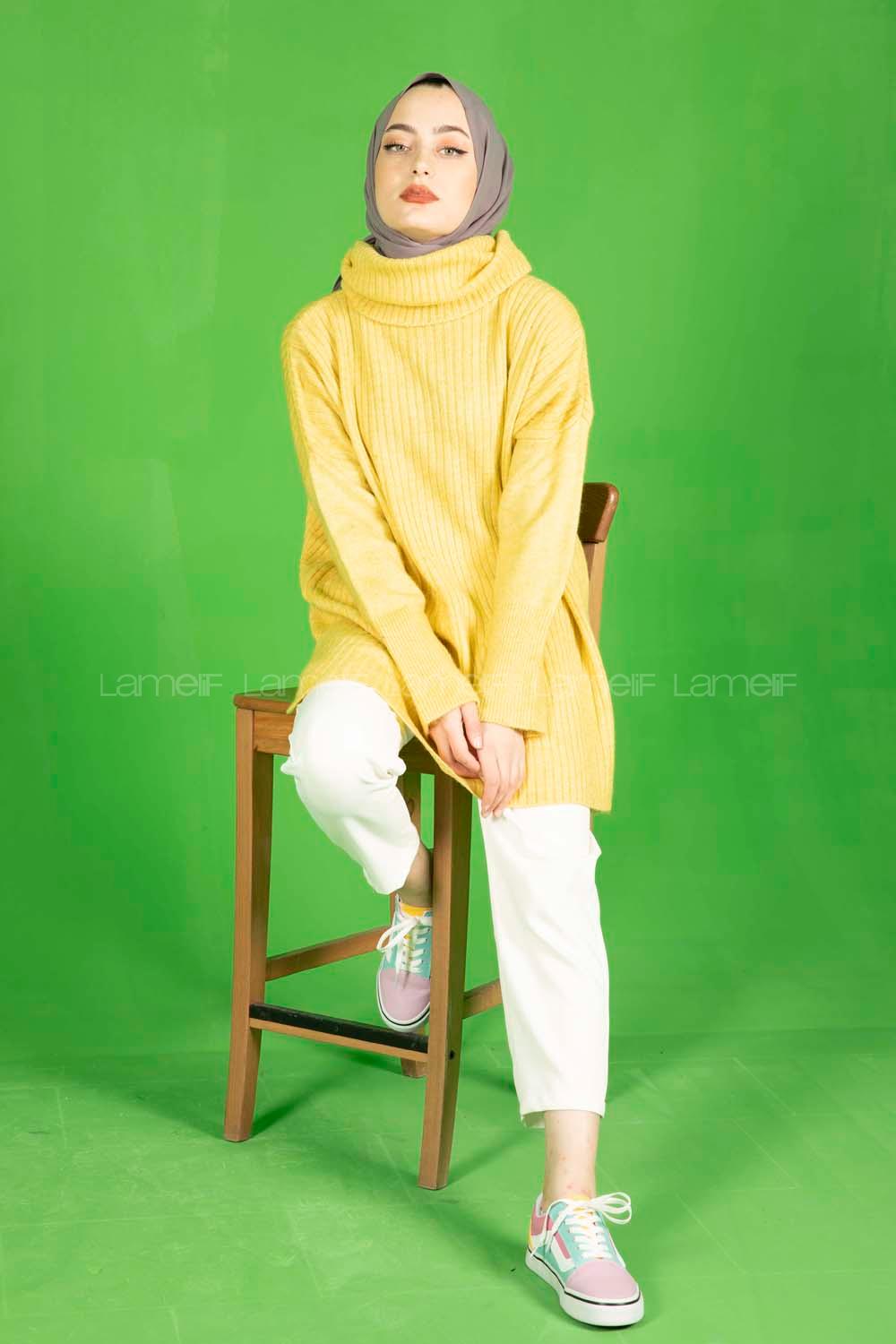 Modalamelif Fitilli  Boğazlı Triko Kazak Sarı