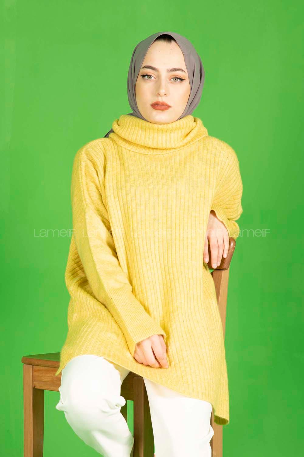 Modalamelif Fitilli  Boğazlı Triko Kazak Sarı