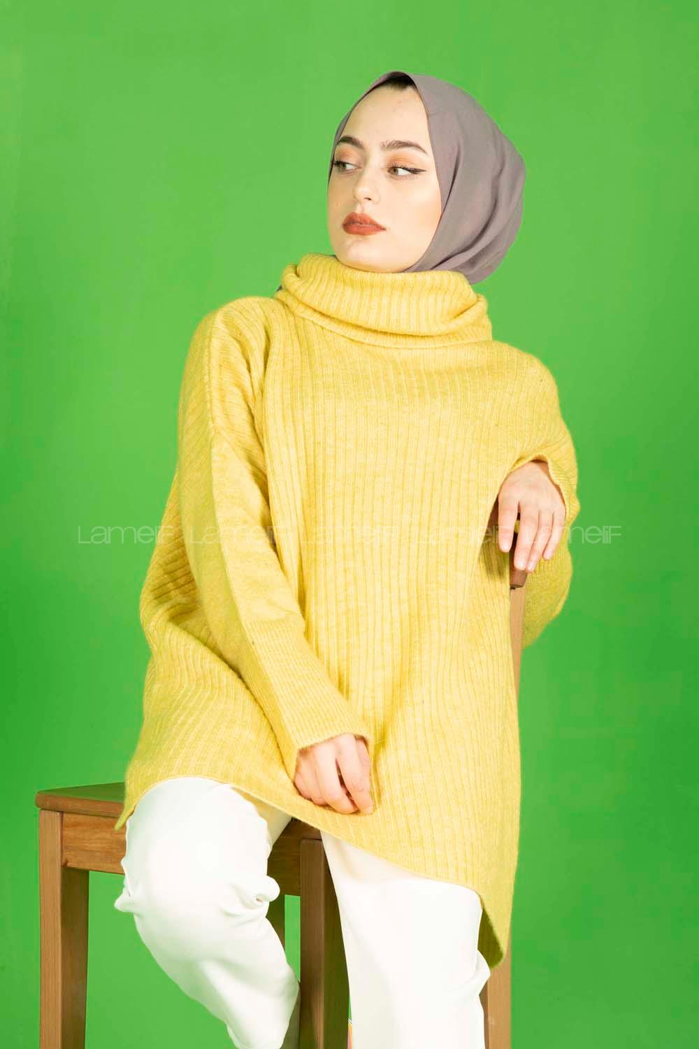 Modalamelif Fitilli  Boğazlı Triko Kazak Sarı