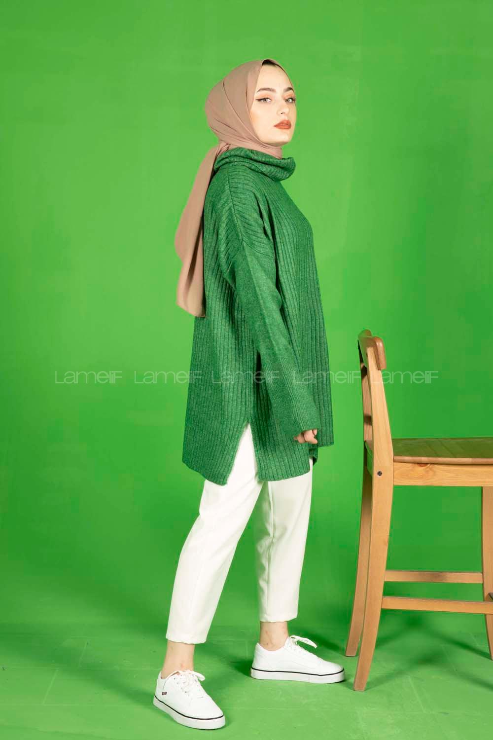 Modalamelif Fitilli  Boğazlı Triko Kazak Yeşil