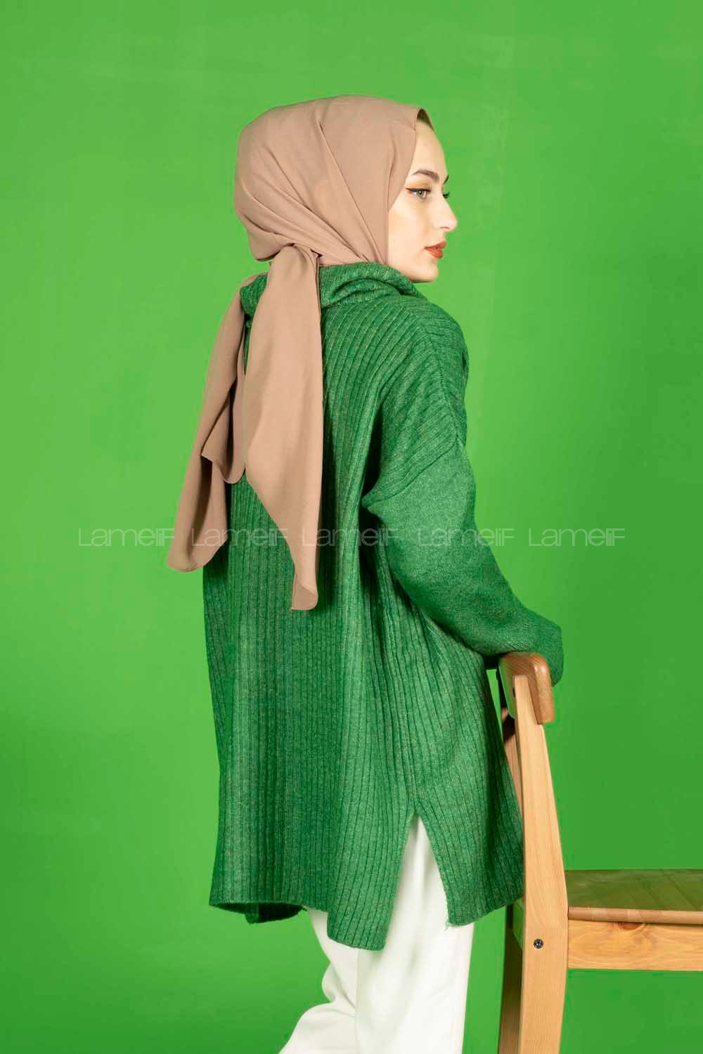 Modalamelif Fitilli  Boğazlı Triko Kazak Yeşil