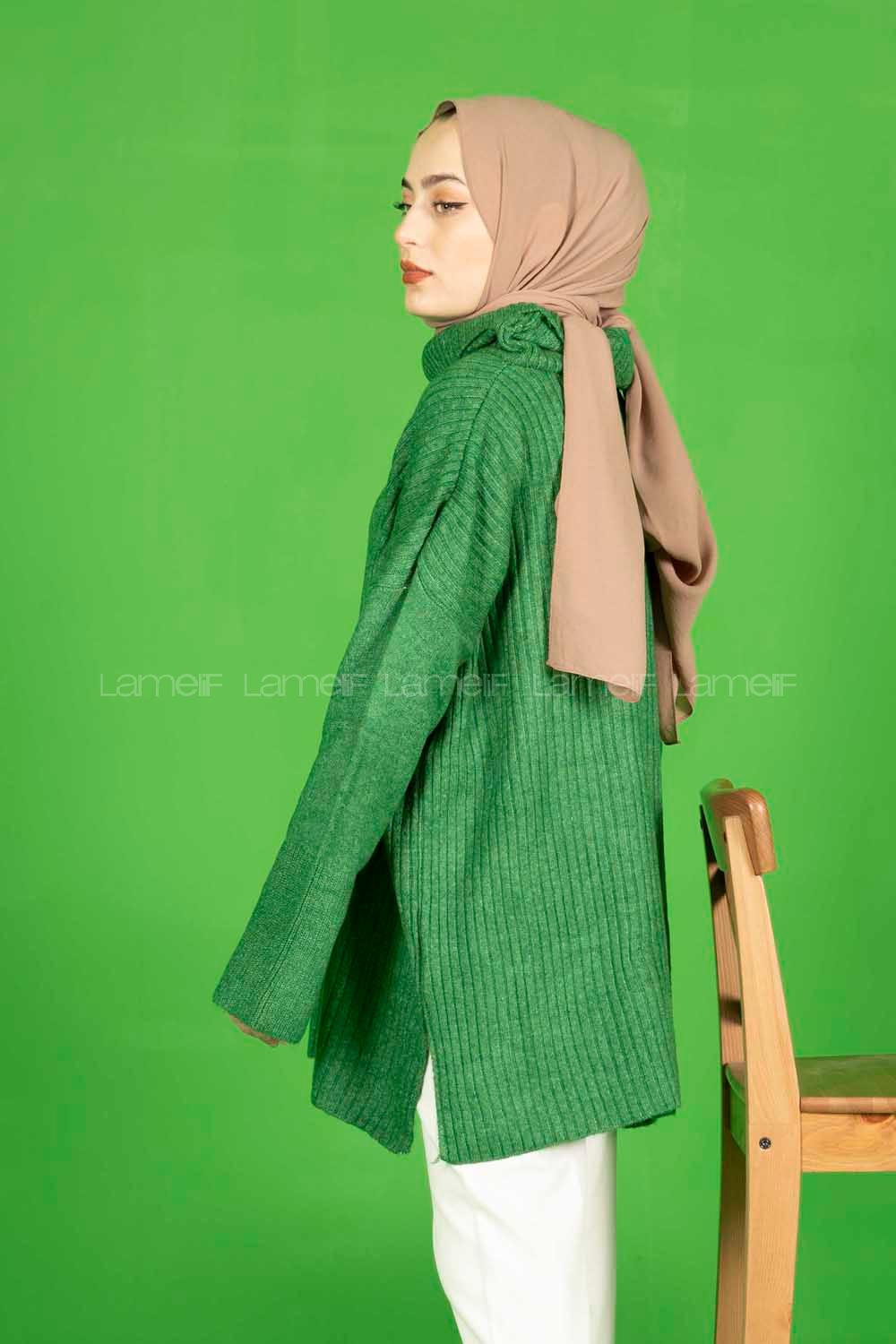 Modalamelif Fitilli  Boğazlı Triko Kazak Yeşil