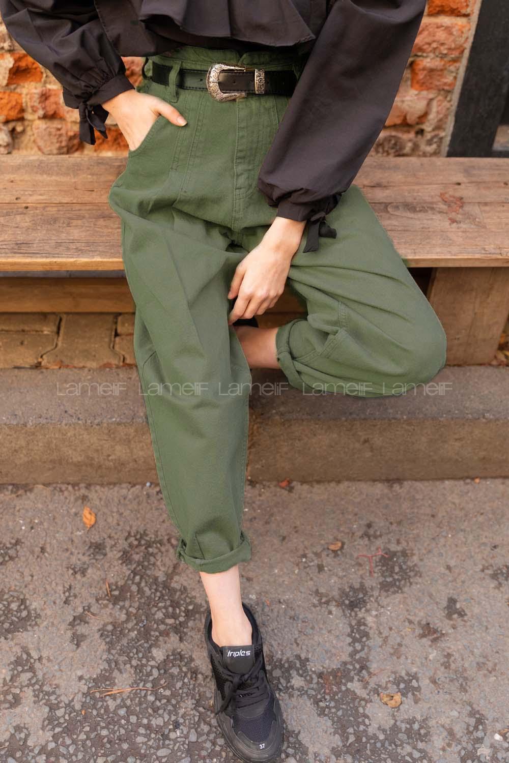 Modalamelif İki Pileli Paçası Pensli Kot Pantolon Asker Yeşili