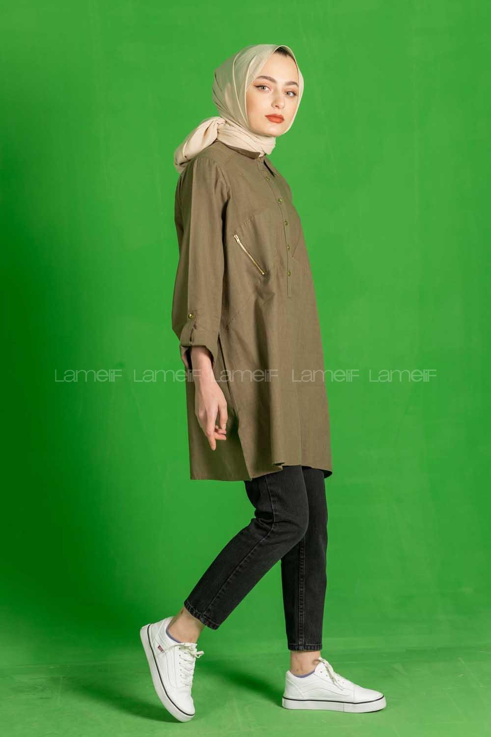 Modalamelif  Fermuar Cep Detaylı Salaş Gömlek Haki