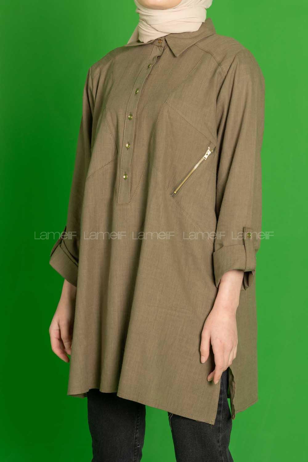 Modalamelif  Fermuar Cep Detaylı Salaş Gömlek Haki