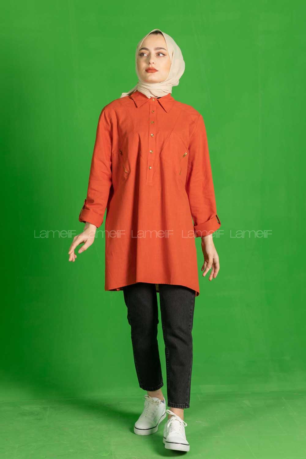 Modalamelif  Fermuar Cep Detaylı Salaş Gömlek Kiremit