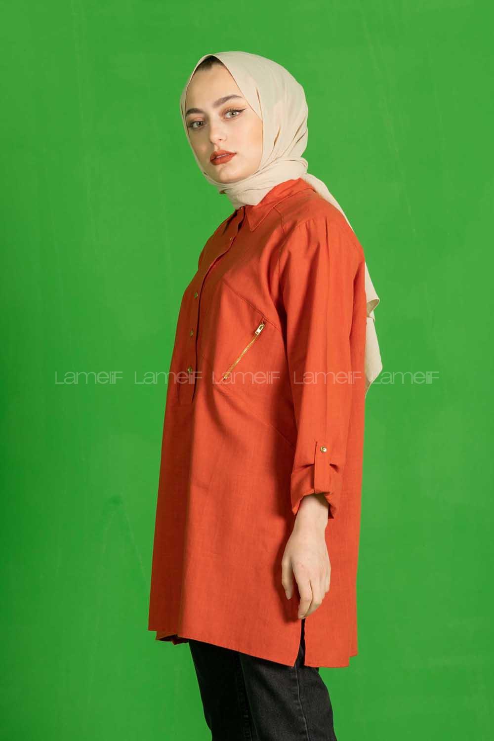 Modalamelif  Fermuar Cep Detaylı Salaş Gömlek Kiremit