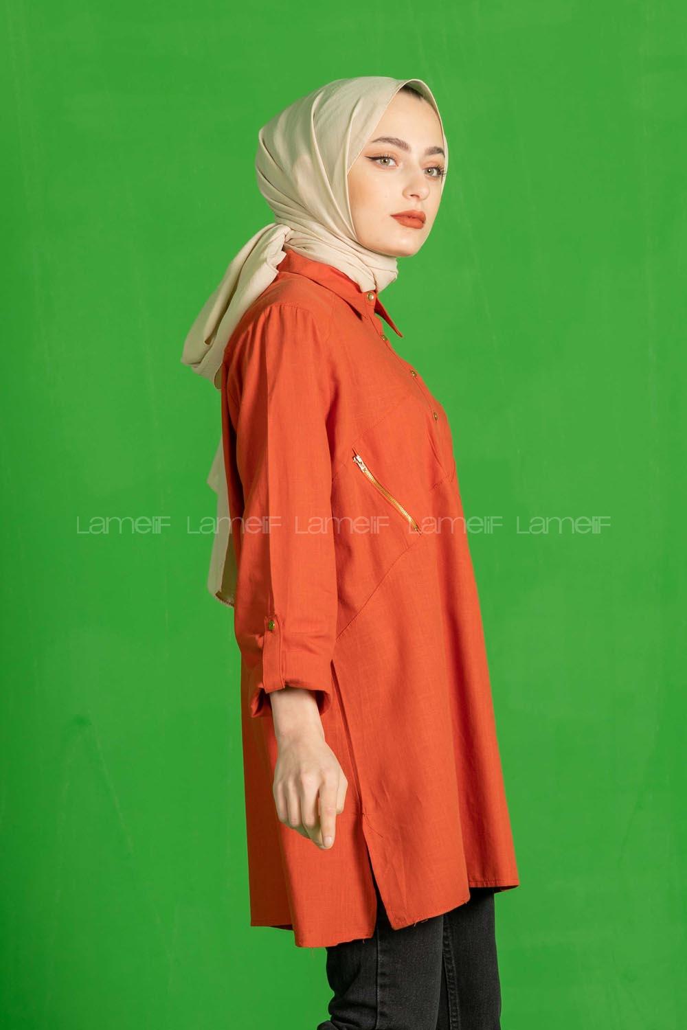 Modalamelif  Fermuar Cep Detaylı Salaş Gömlek Kiremit