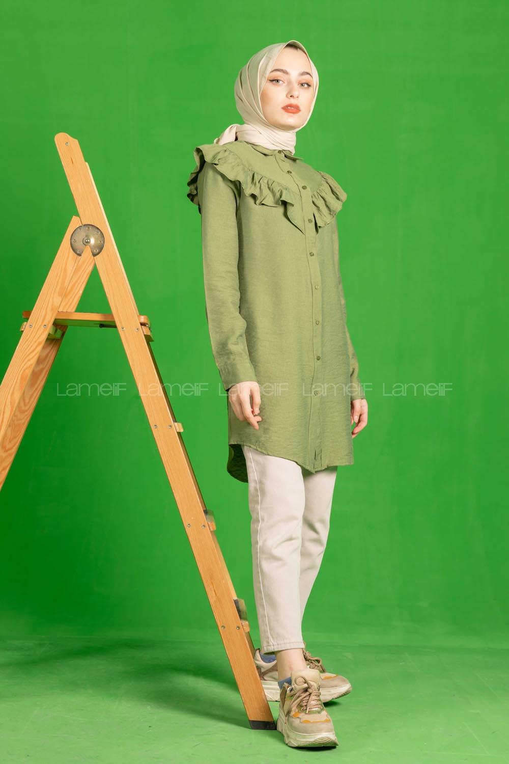 Modalamelif Omuzu Fırfırlı Gömlek Haki