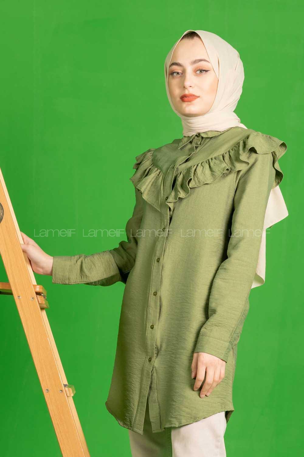 Modalamelif Omuzu Fırfırlı Gömlek Haki