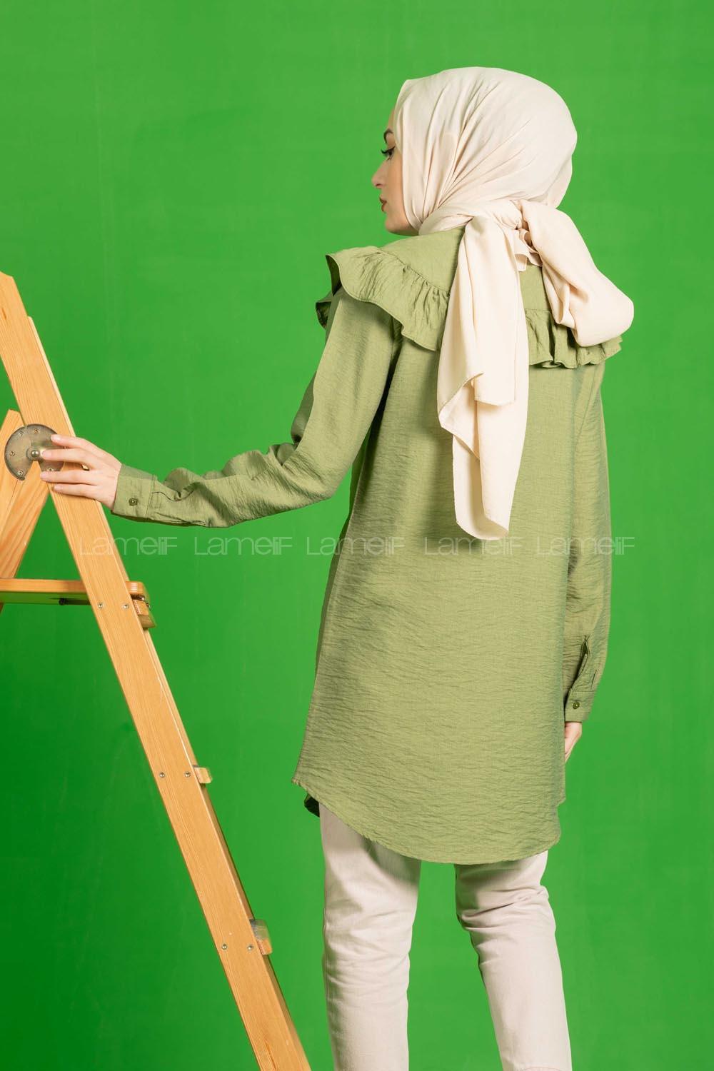 Modalamelif Omuzu Fırfırlı Gömlek Haki