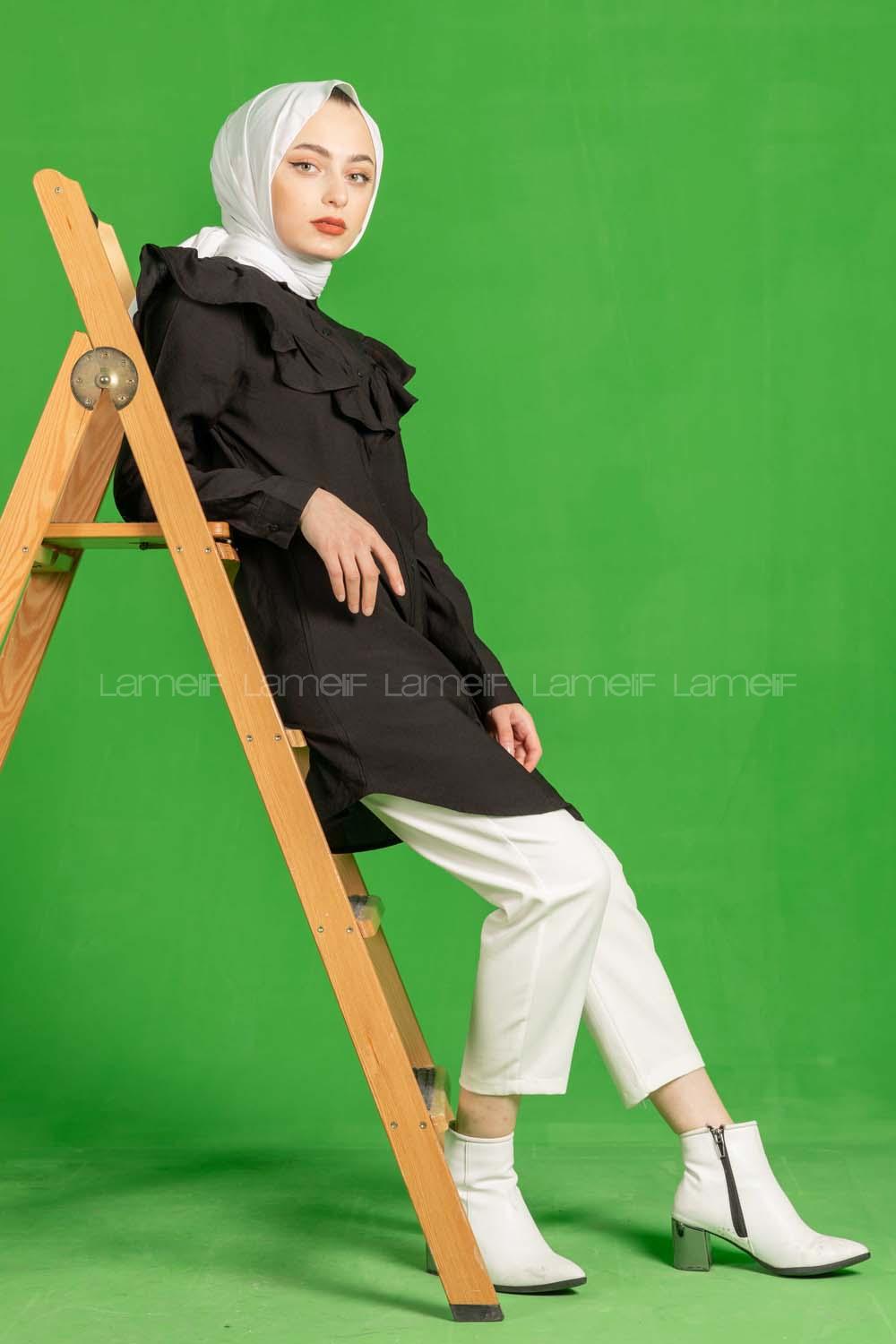 Modalamelif Omuzu Fırfırlı Gömlek Siyah