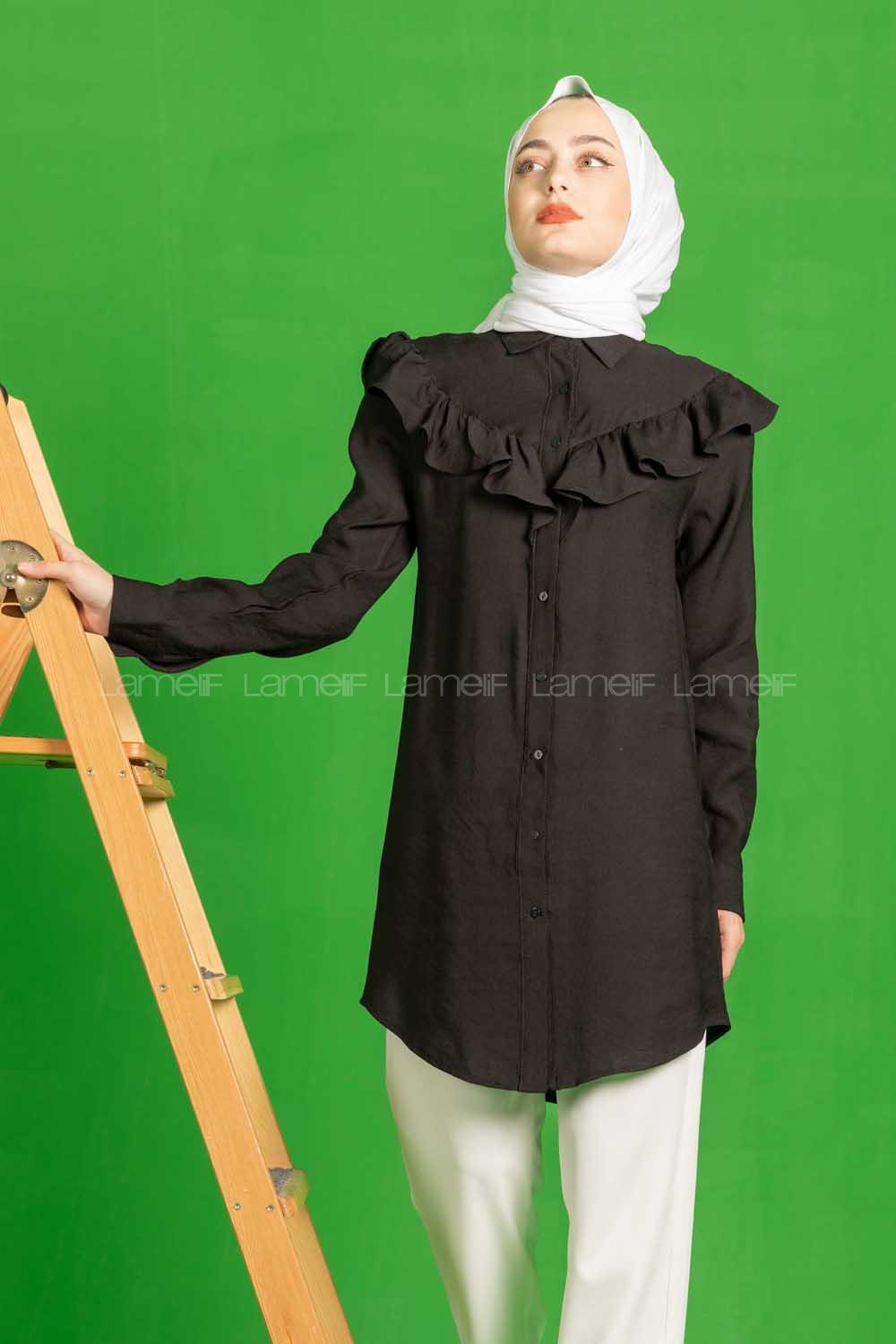 Modalamelif Omuzu Fırfırlı Gömlek Siyah