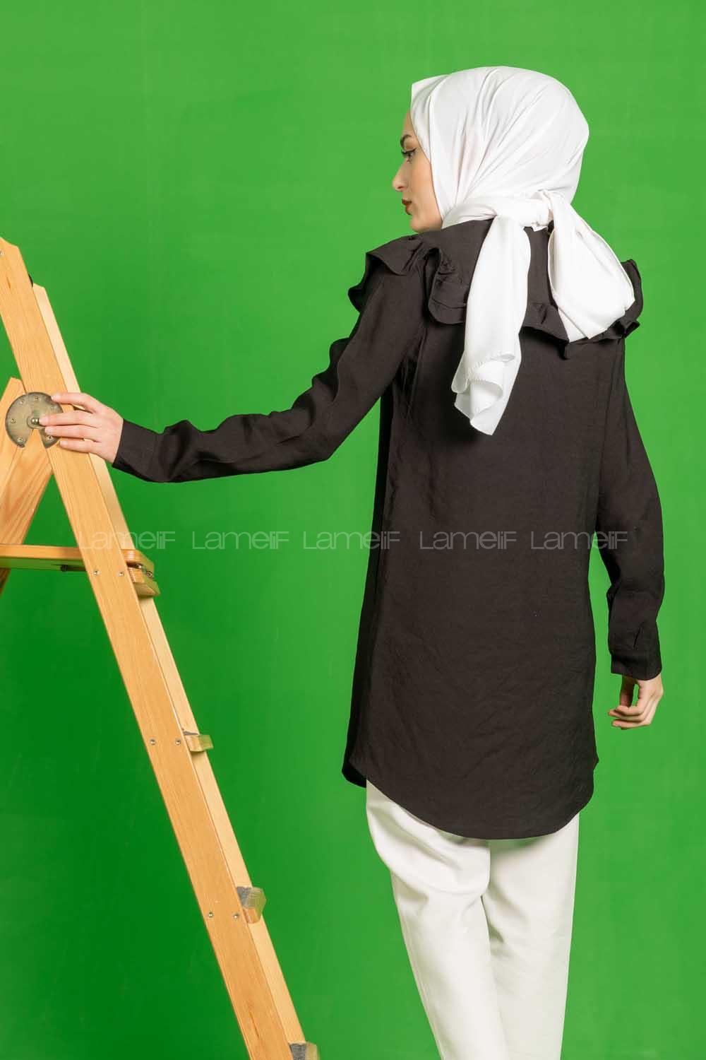 Modalamelif Omuzu Fırfırlı Gömlek Siyah