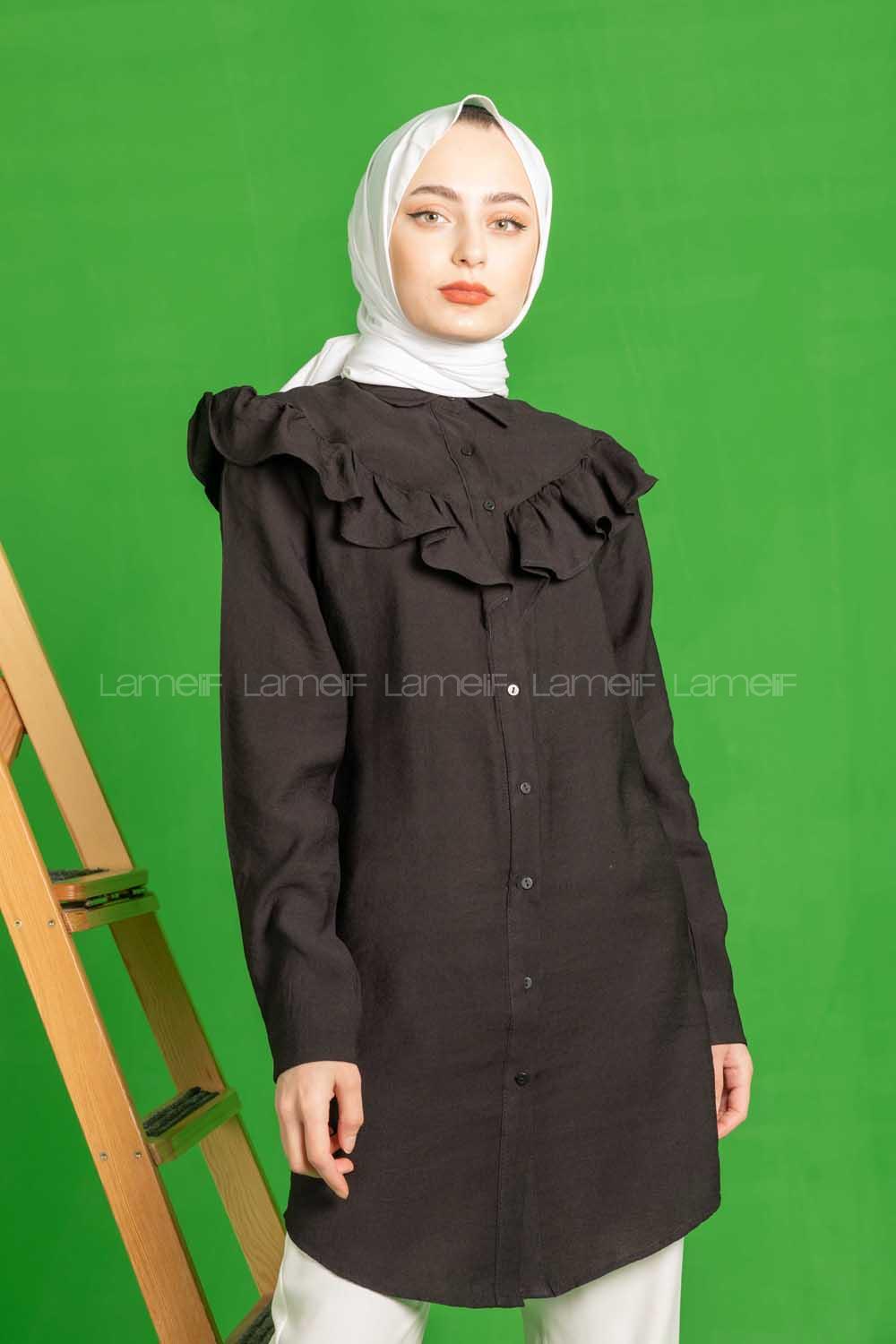 Modalamelif Omuzu Fırfırlı Gömlek Siyah