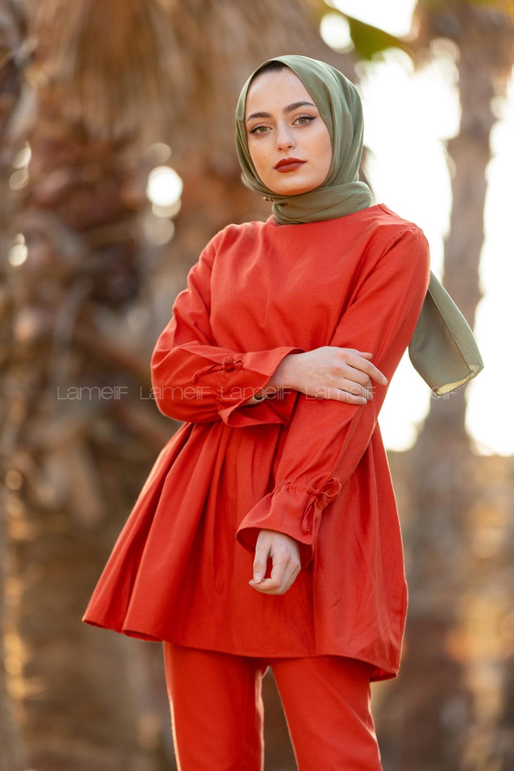 Modalamelif Kol Bağlamlı İkili Takım Koyu Kiremit