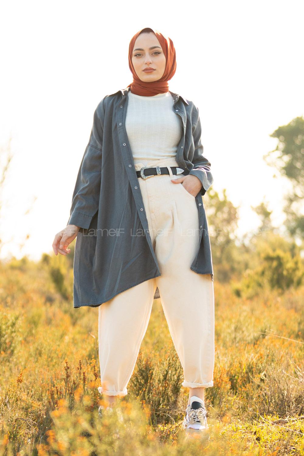 Modalamelif Oversize Gizli Cepli Kot Gömlek Füme