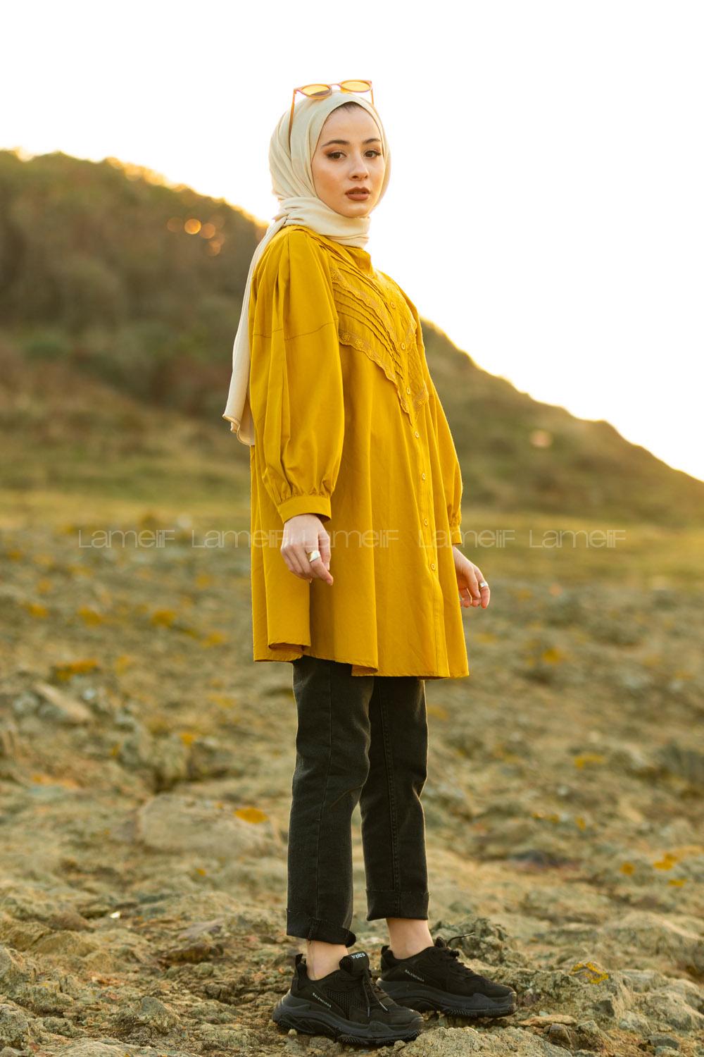 Modalamelif Balon Kol Gipeli Gömlek Tunik Hardal Sarısı