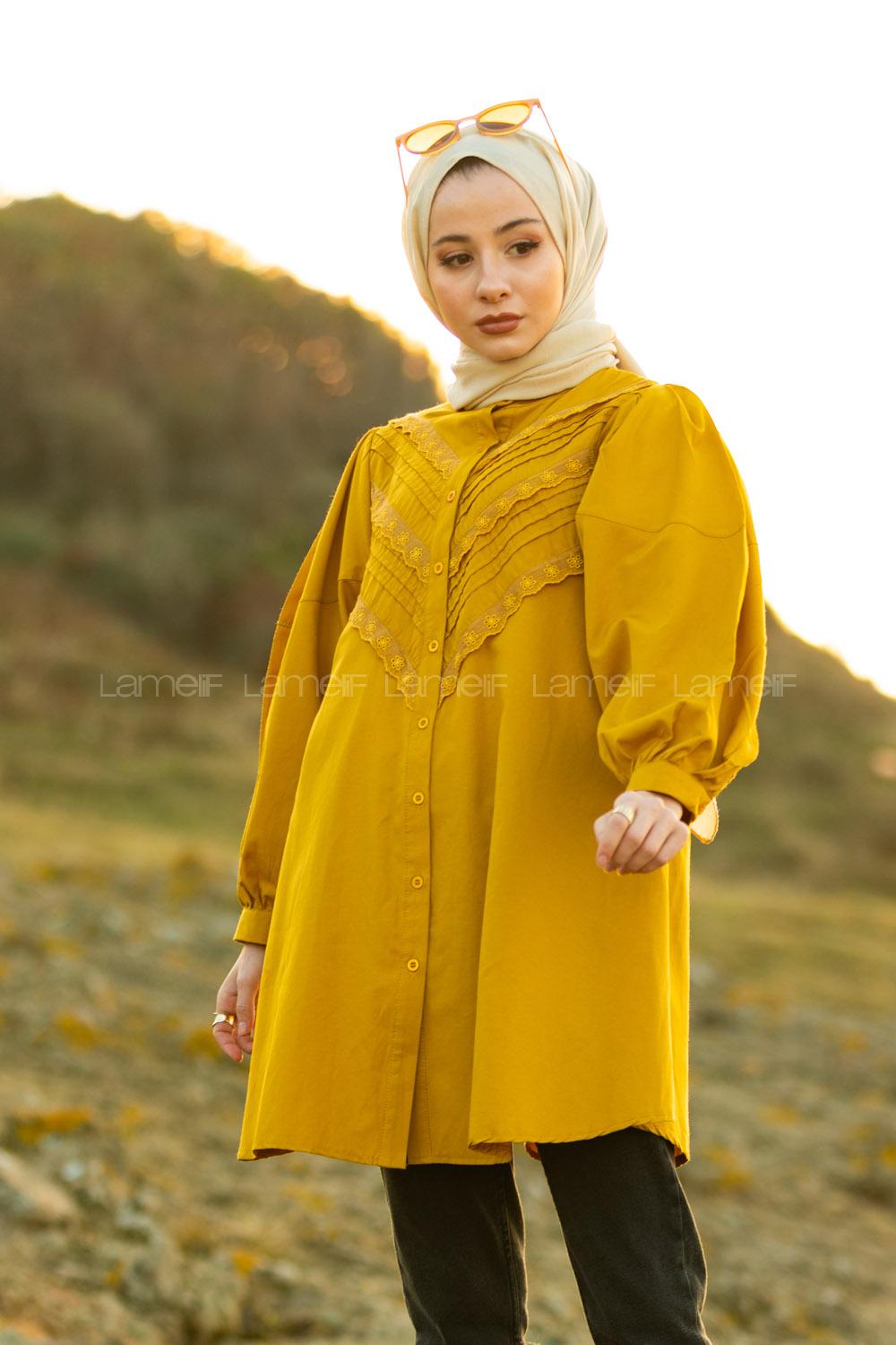 Modalamelif Balon Kol Gipeli Gömlek Tunik Hardal Sarısı