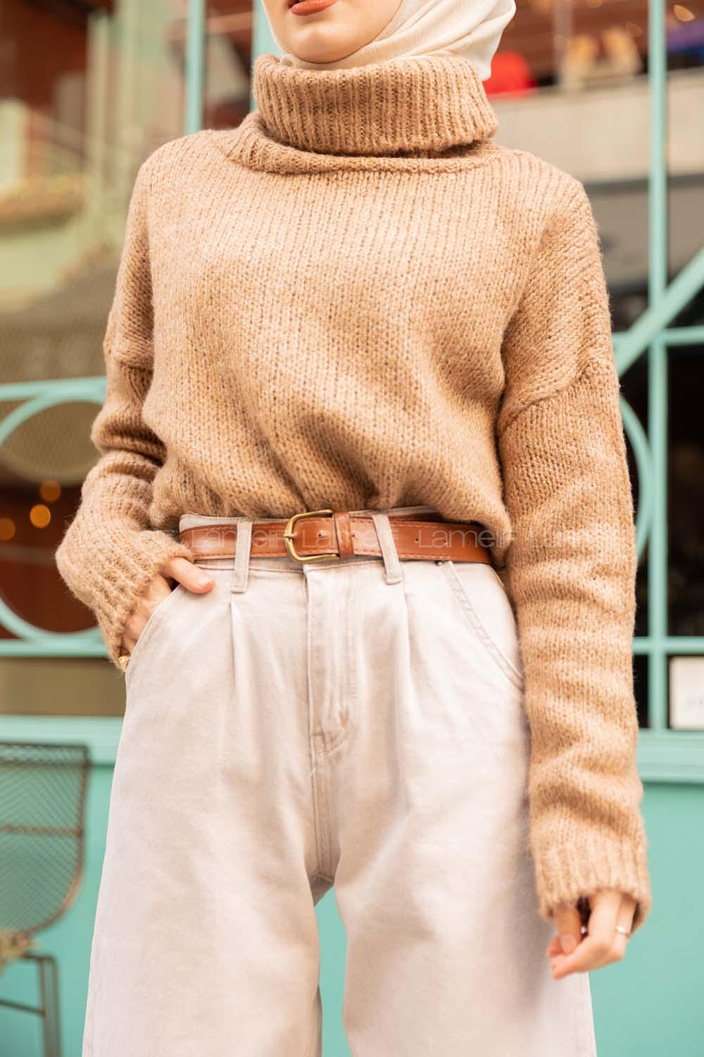 Modalamelif Balıkçı Yaka T Kol Kazak Karamel