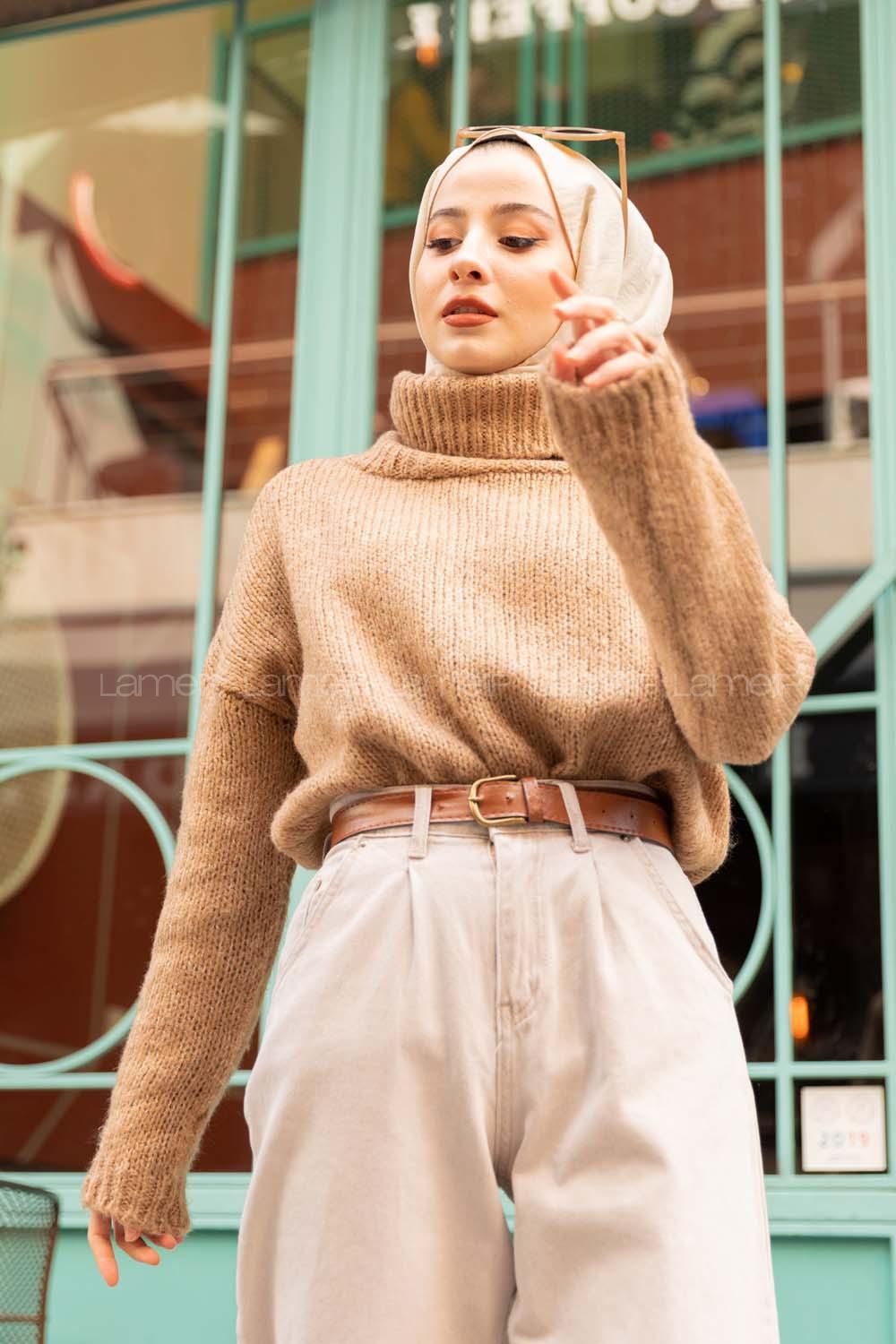 Modalamelif Balıkçı Yaka T Kol Kazak Karamel