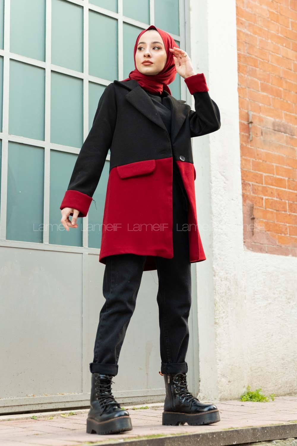 Modalamelif Çif Renk Boyfirend Kaşe Ceket Siyah Bordo