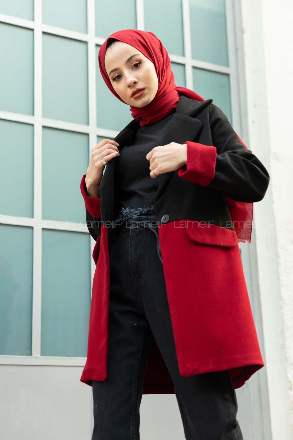 Modalamelif Çif Renk Boyfirend Kaşe Ceket Siyah Bordo