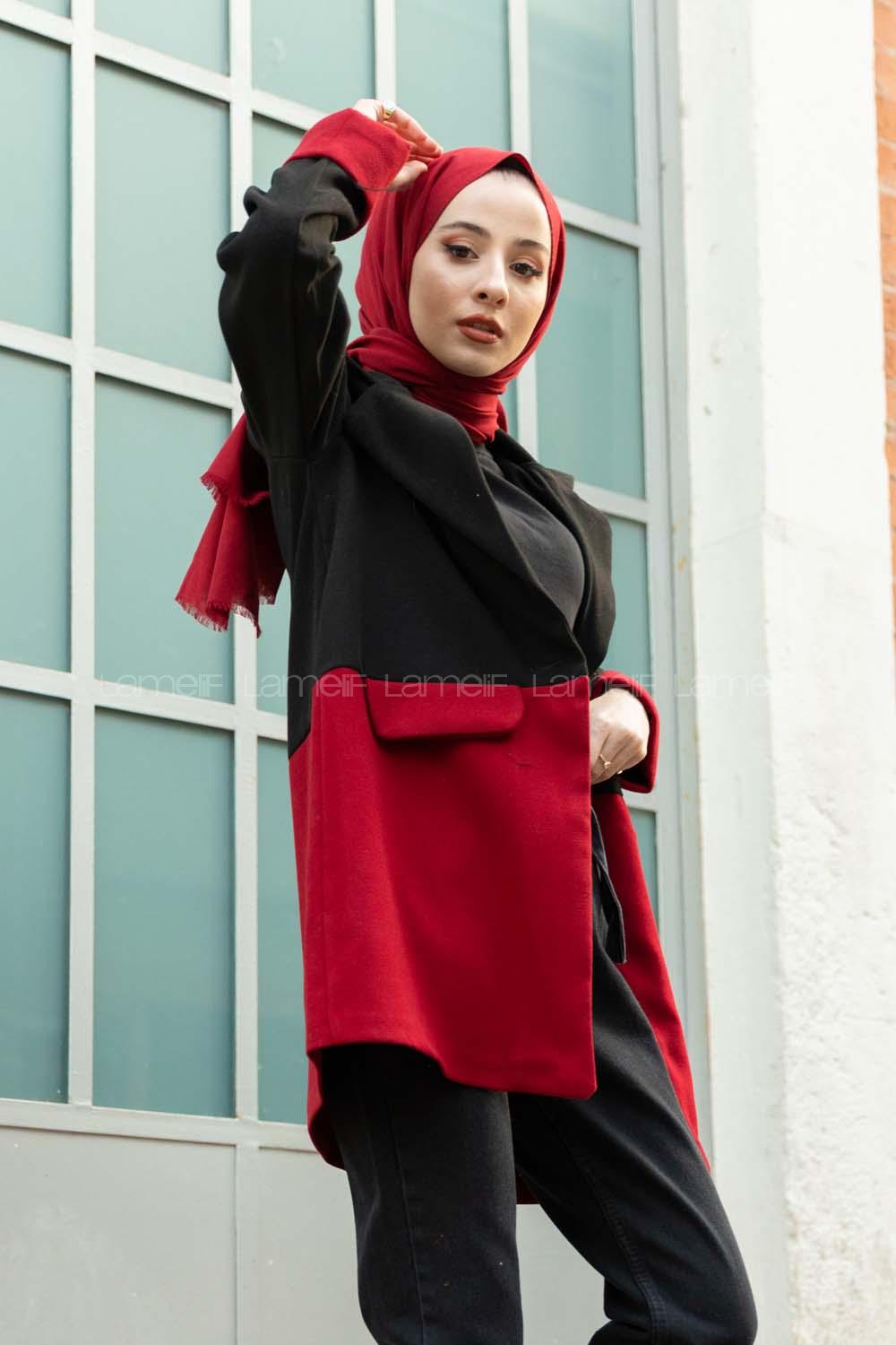 Modalamelif Çif Renk Boyfirend Kaşe Ceket Siyah Bordo