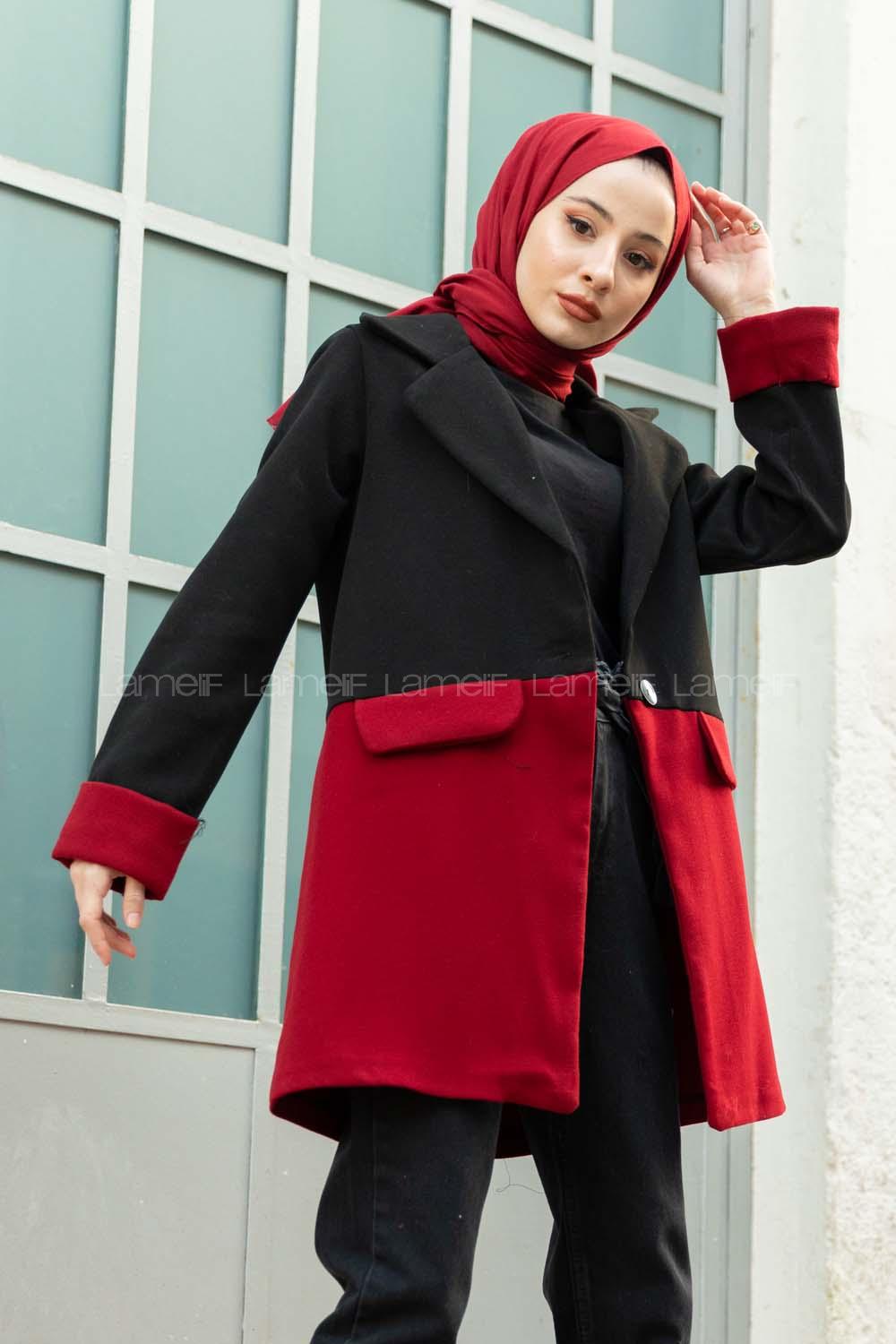 Modalamelif Çif Renk Boyfirend Kaşe Ceket Siyah Bordo