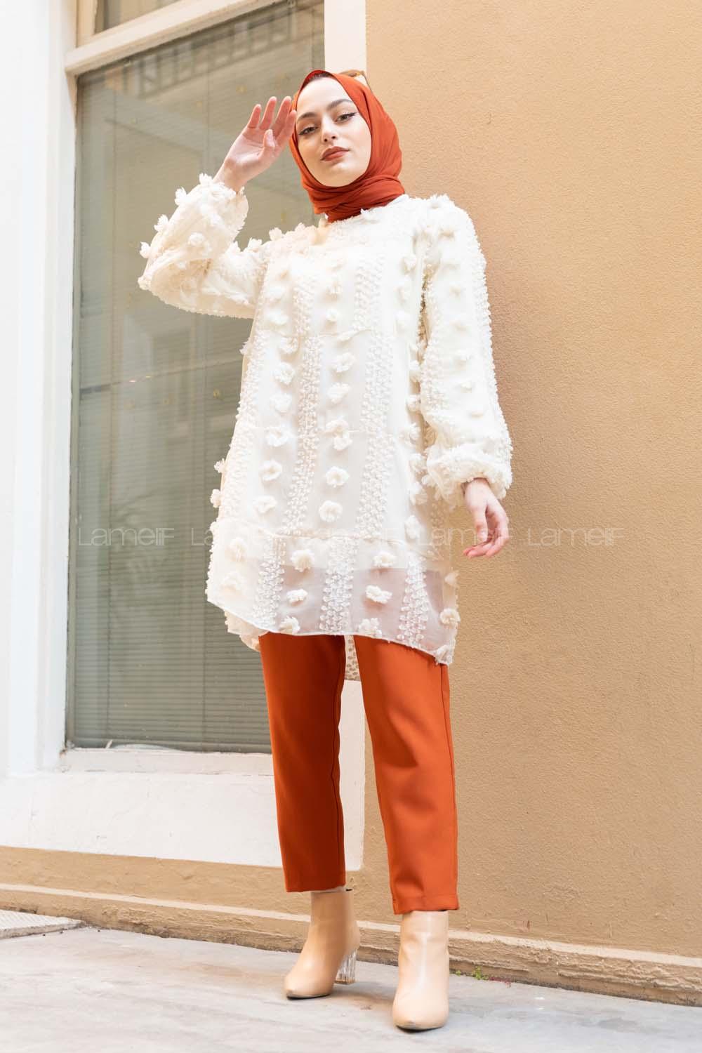 Modalamelif İçi Astarlı  Ponponlu  Tunik Ekru