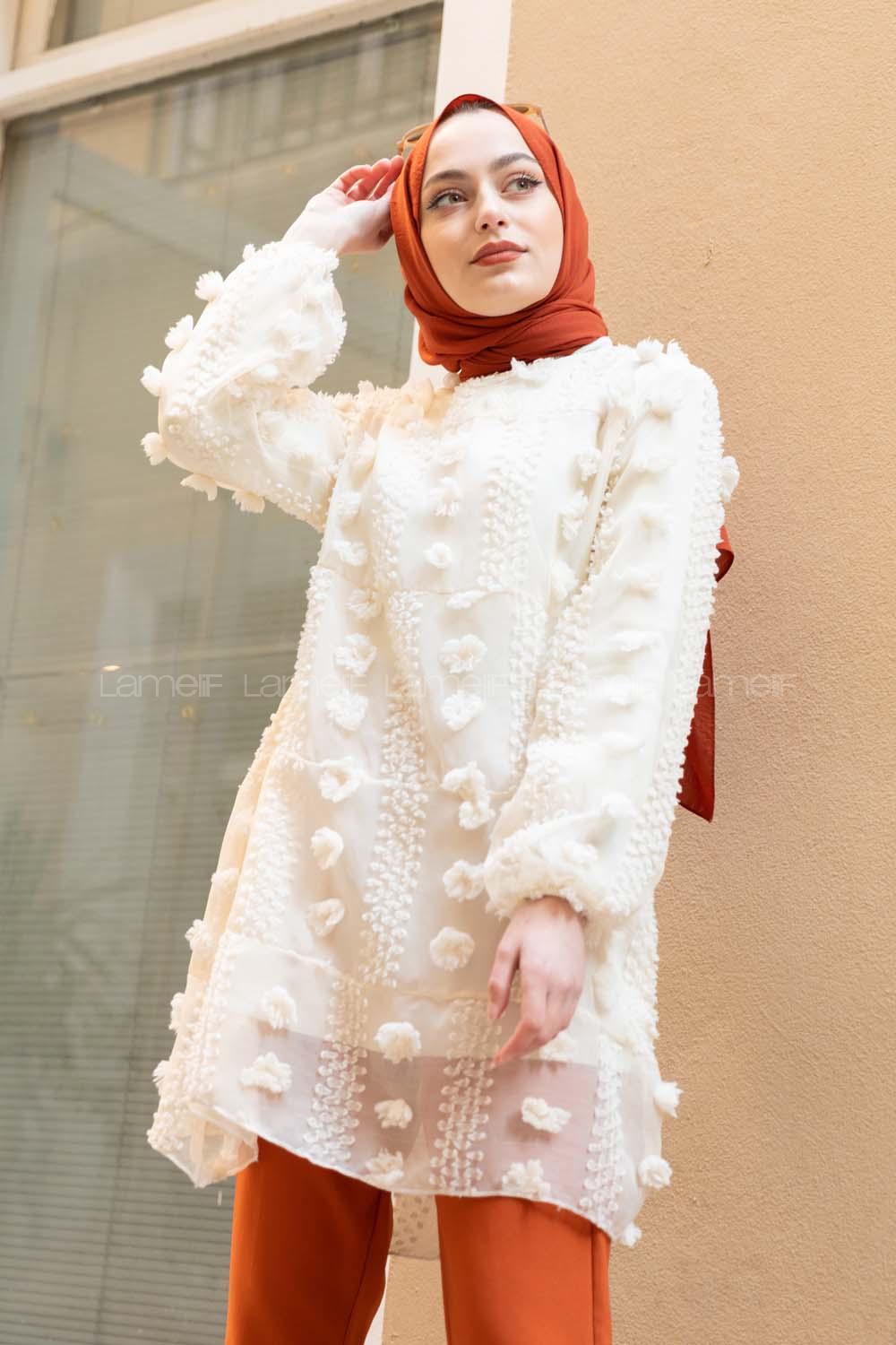 Modalamelif İçi Astarlı  Ponponlu  Tunik Ekru