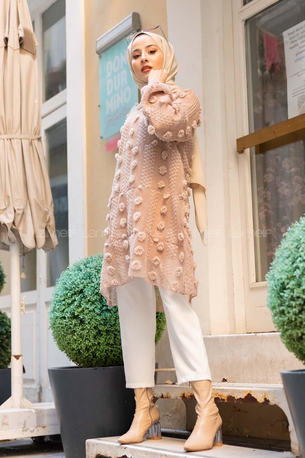 Modalamelif İçi Astarlı  Ponponlu  Tunik Sütlü Kahve