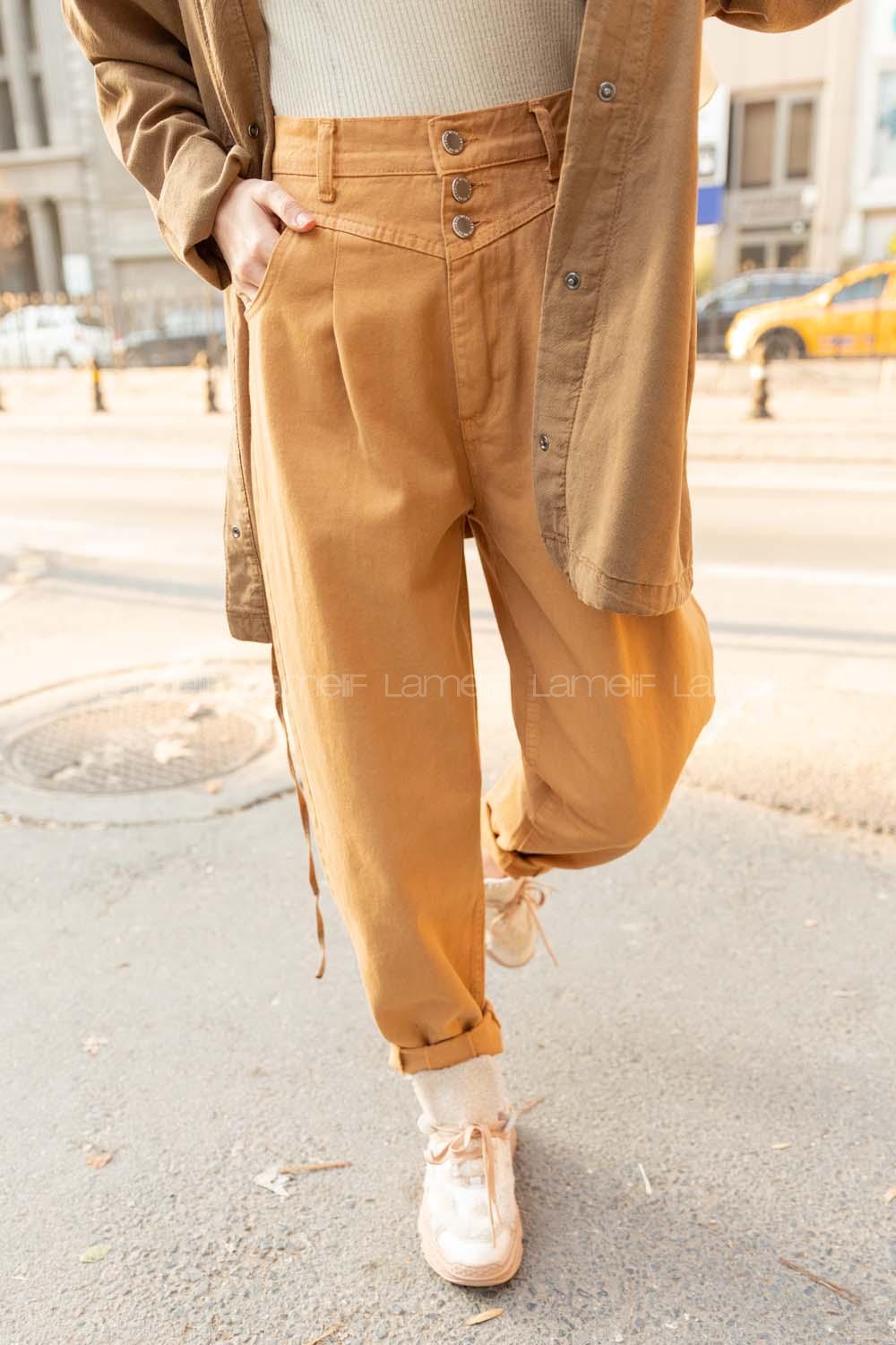 Modalamelif Paça Pensli Balon Mom Jean Camel