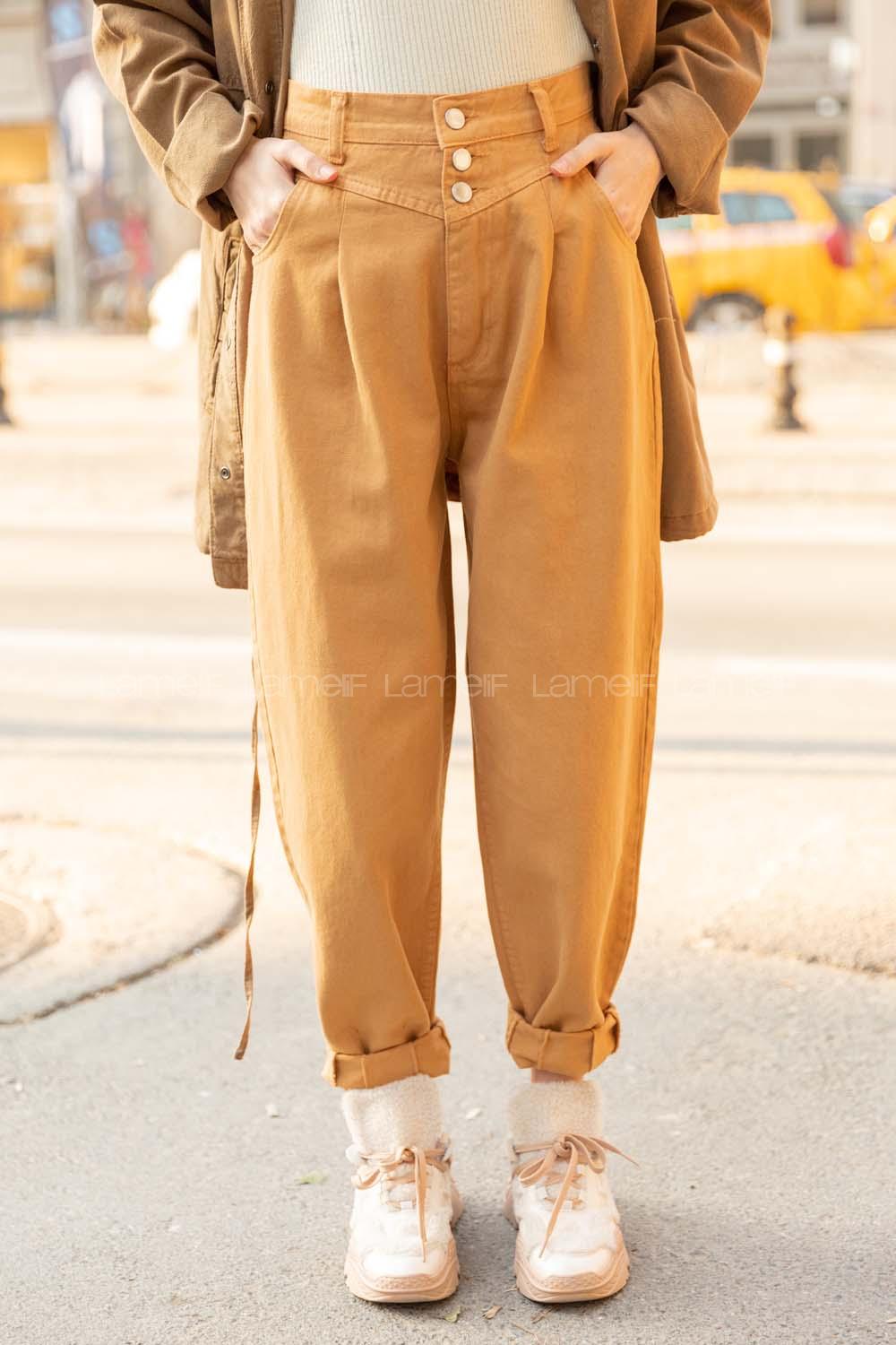 Modalamelif Paça Pensli Balon Mom Jean Camel