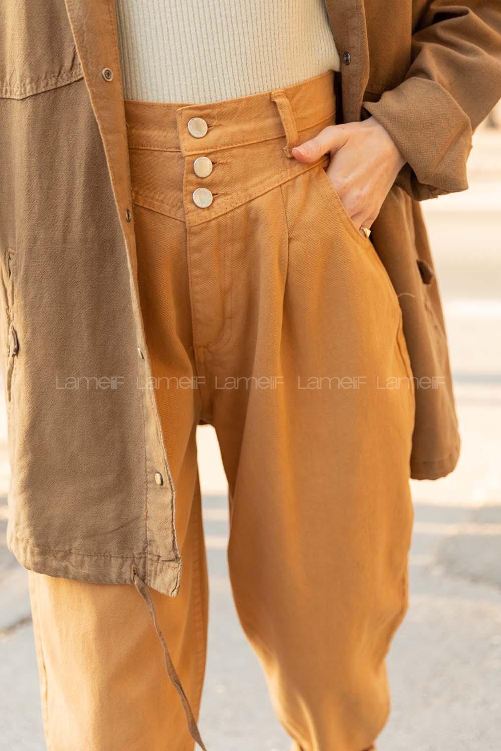 Modalamelif Paça Pensli Balon Mom Jean Camel