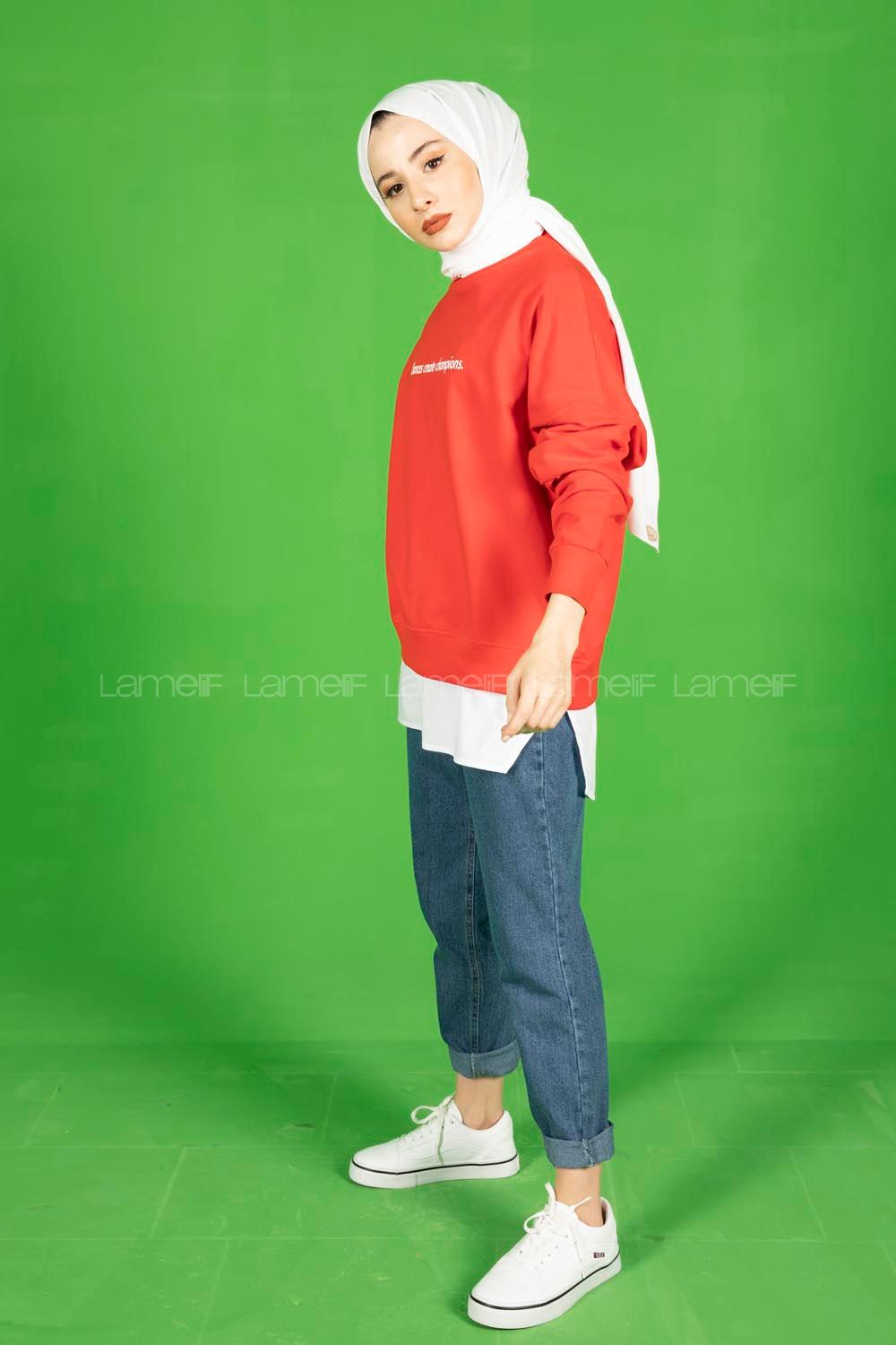 Modalamelif Altı Garnili Chappions Yazı Baskılı Sweat Kırmızı