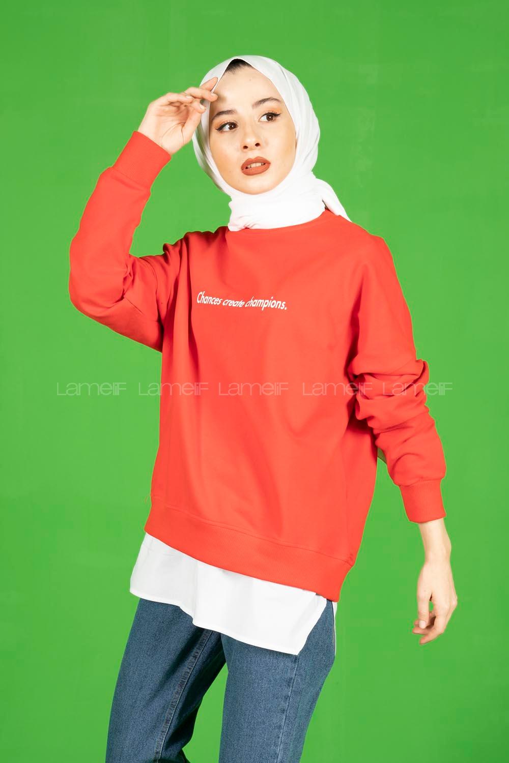 Modalamelif Altı Garnili Chappions Yazı Baskılı Sweat Kırmızı